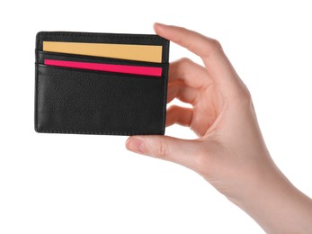 Photo of Woman holding leather business card holder with colorful cards on white background, closeup