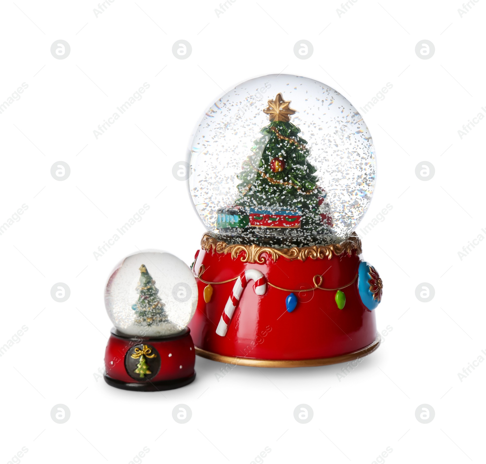 Photo of Beautiful snow globes with Christmas trees on white background