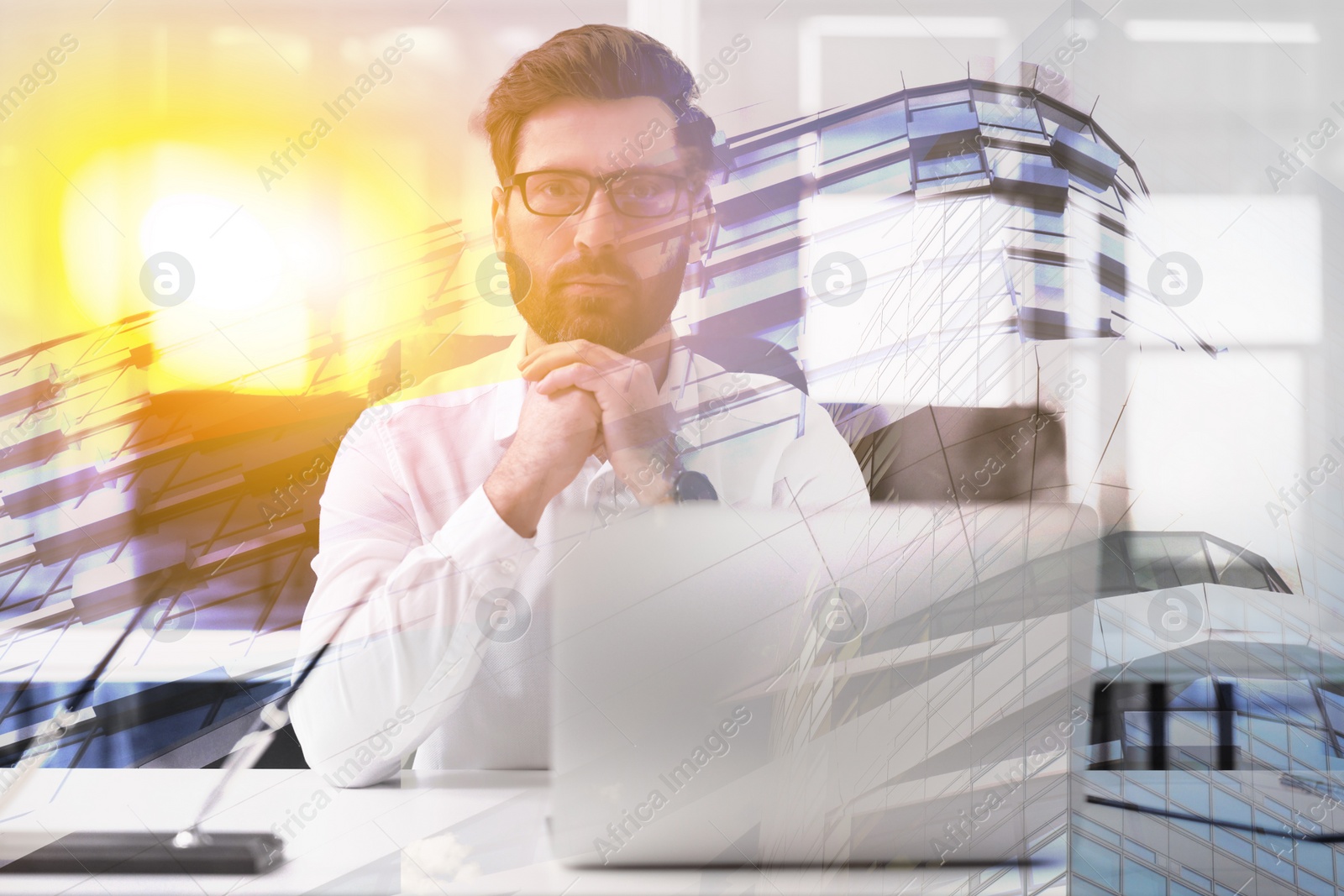 Image of Double exposure of successful businessman and cityscape