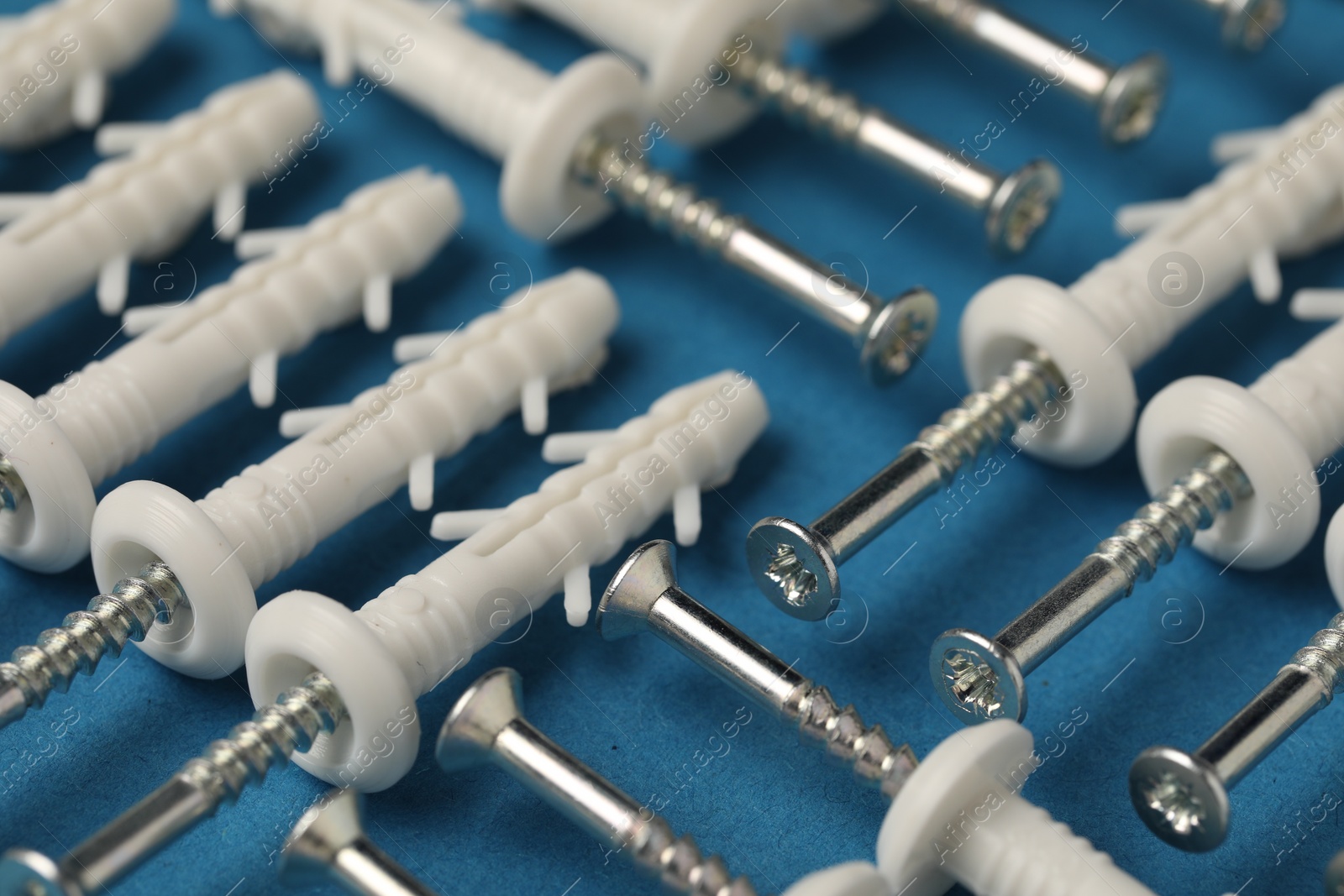 Photo of Many metal screws with white dowels on blue background, closeup