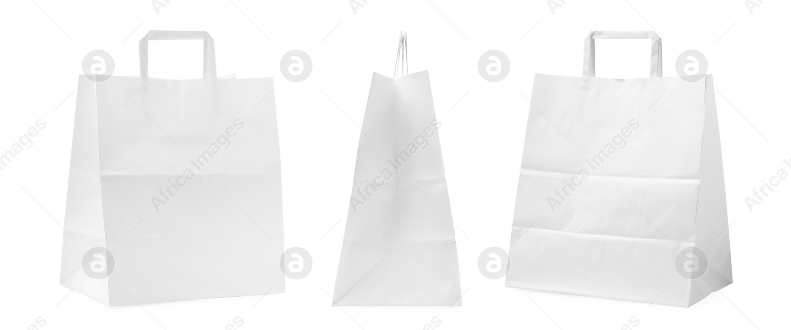 Image of Set with paper bags on white background. Banner design