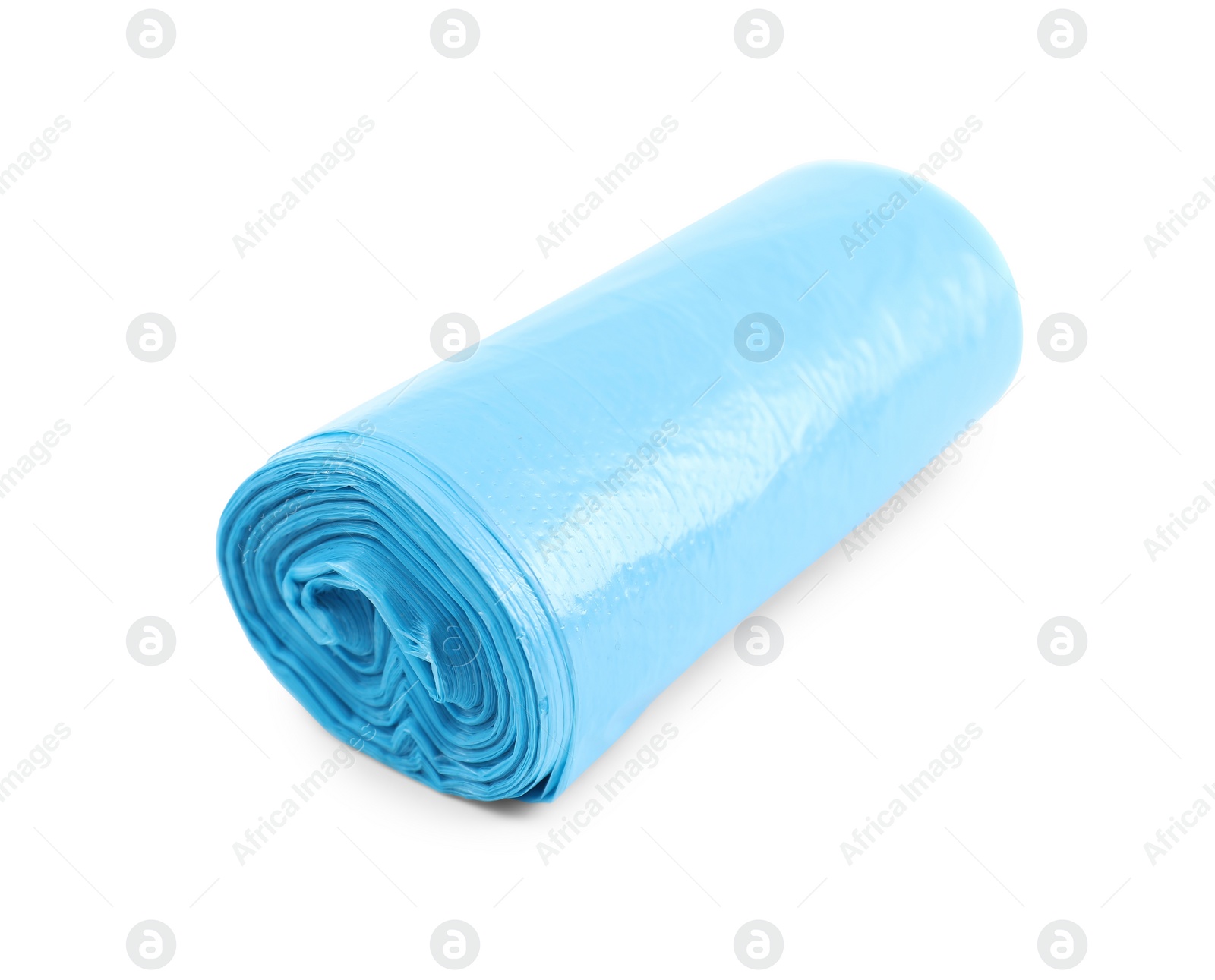 Photo of Roll of light blue garbage bags isolated on white