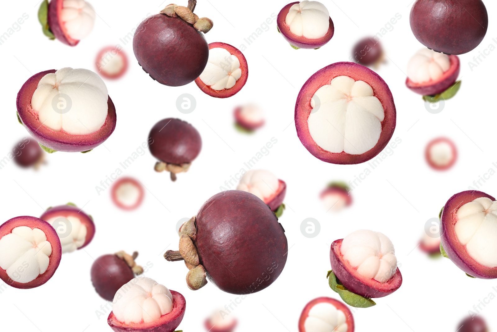 Image of Delicious exotic mangosteen fruits flying on white background 