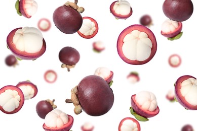 Image of Delicious exotic mangosteen fruits flying on white background 