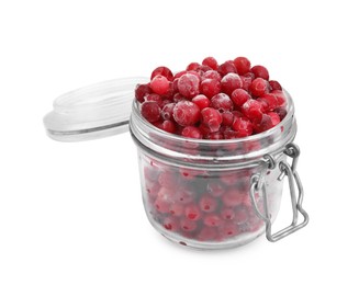 Photo of Frozen red cranberries in glass jar isolated on white