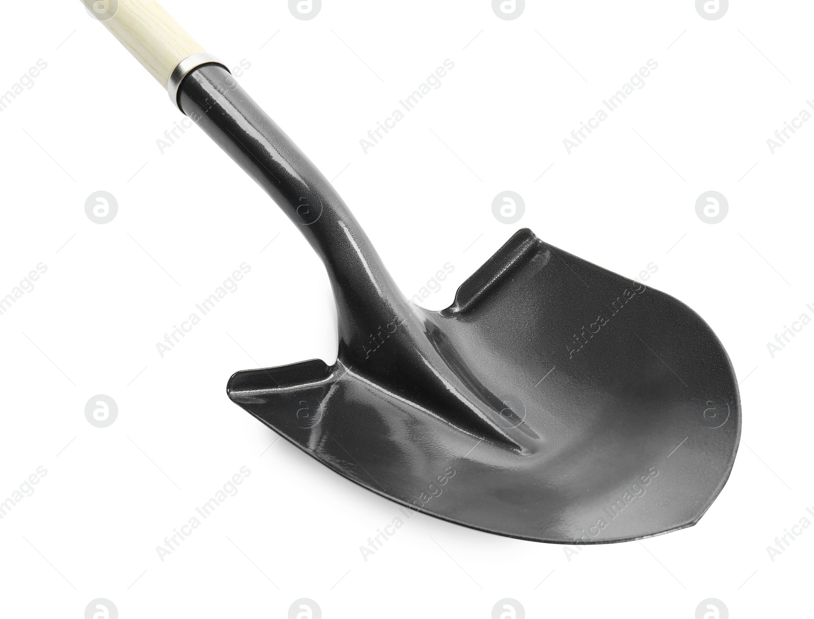 One new shovel with wooden handle isolated on white. Gardening tool Photo of One new shovel with wooden handle isolated on white. Gardening tool
