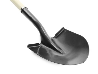 Photo of One new shovel with wooden handle isolated on white. Gardening tool