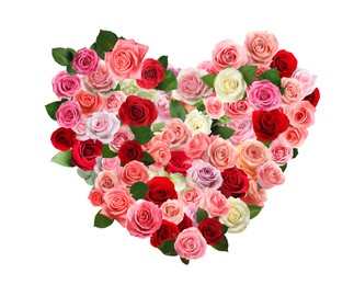 Image of Heart made of beautiful roses on white background