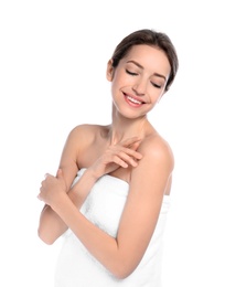 Portrait of young woman with perfect smooth skin on white background. Beauty and body care