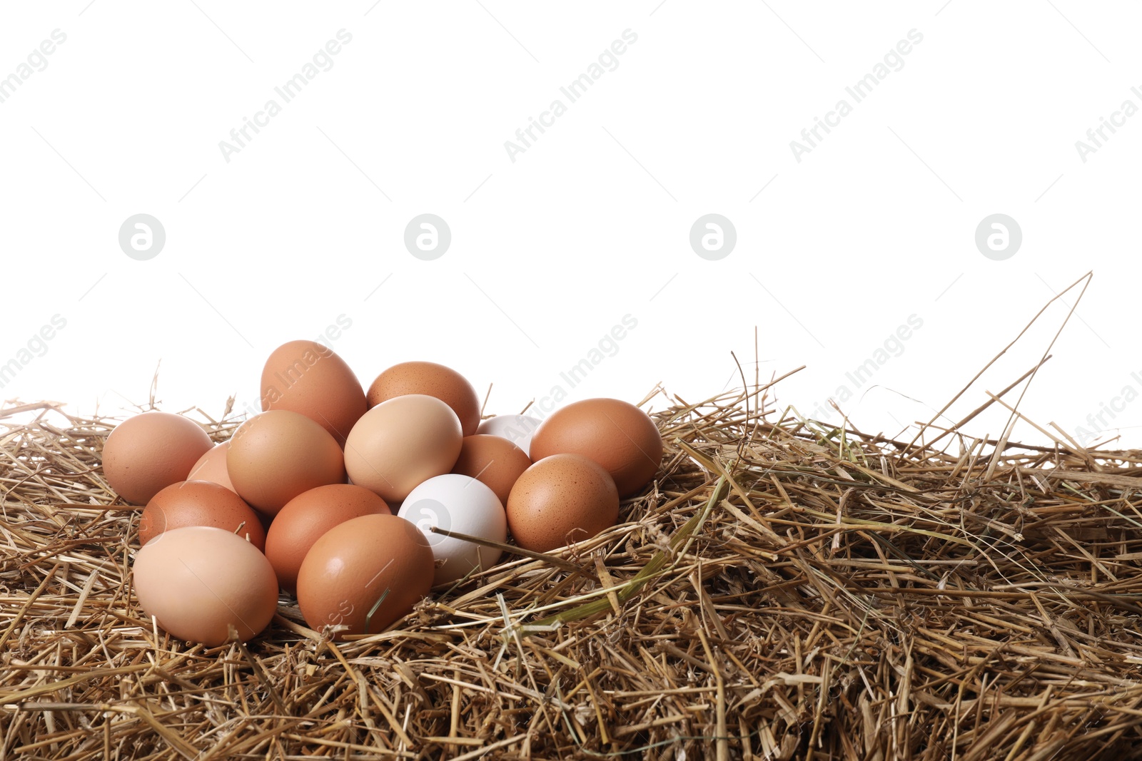 Photo of Fresh chicken eggs on dried straw against white background