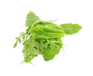 Photo of Heap of fresh salad greens on white background, top view