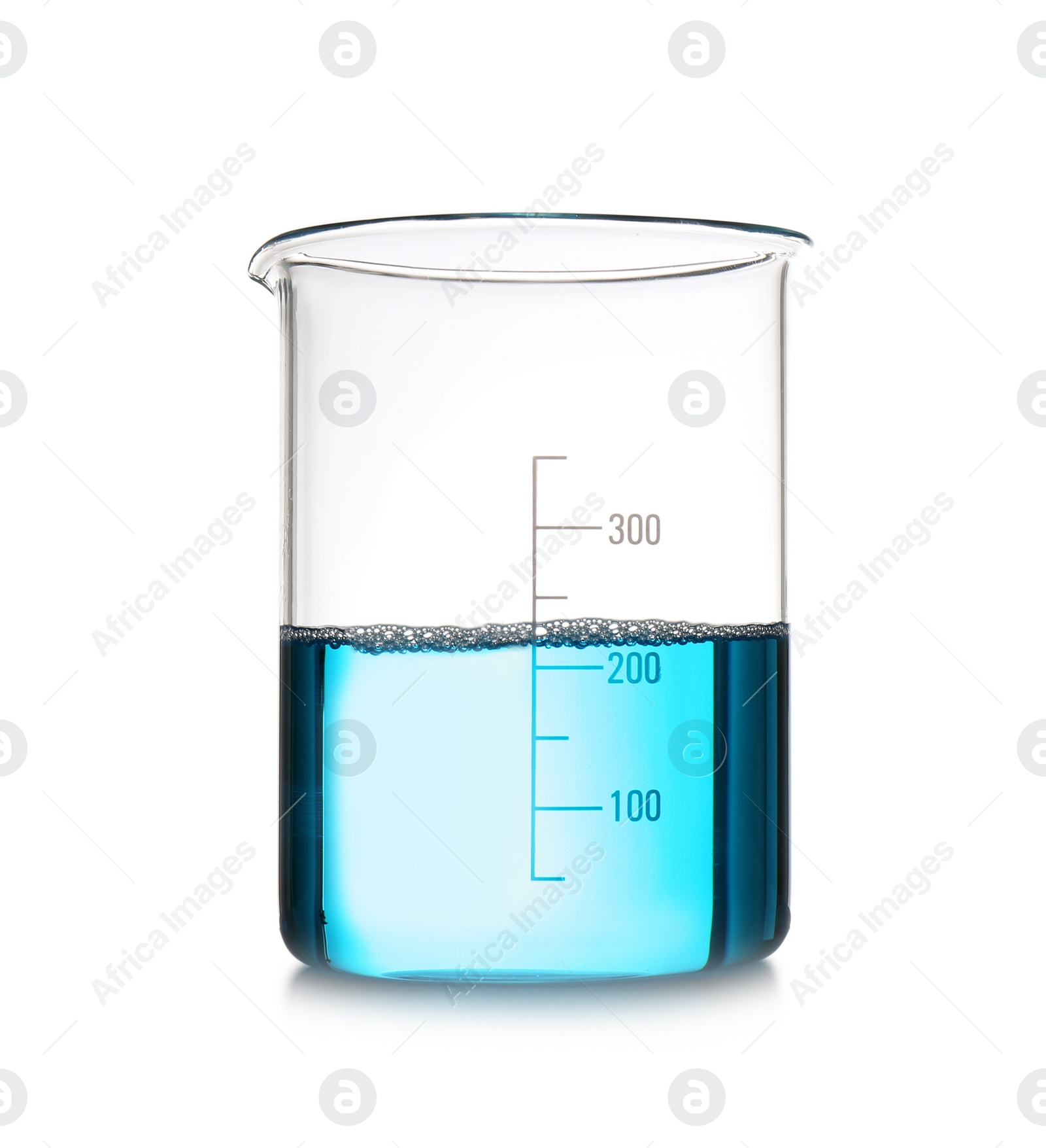 Photo of Beaker with color sample isolated on white. Chemistry laboratory glassware