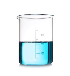 Beaker with color sample isolated on white. Chemistry laboratory glassware