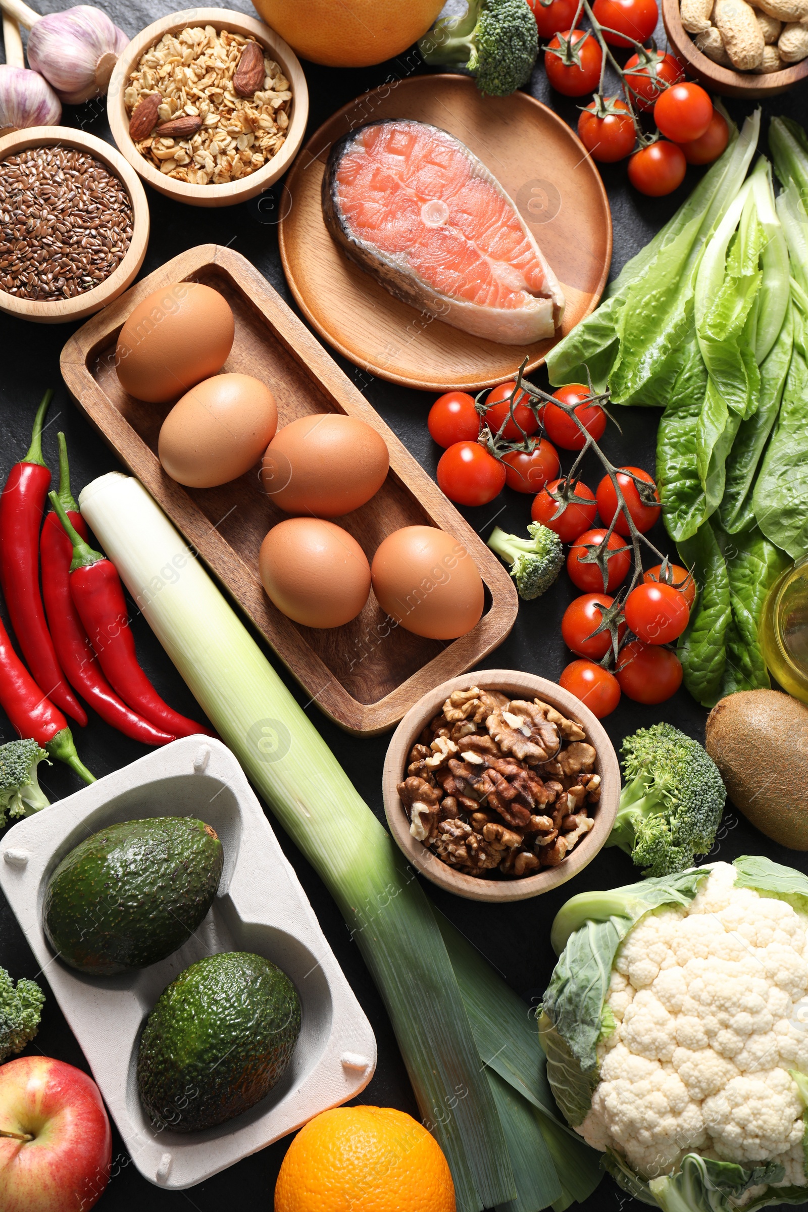 Photo of Many different healthy food on table, flat lay