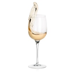 Image of White wine splashing in glass on white background