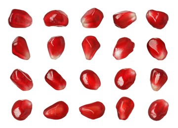 Image of Ripe juicy pomegranate seeds on white background, collage 