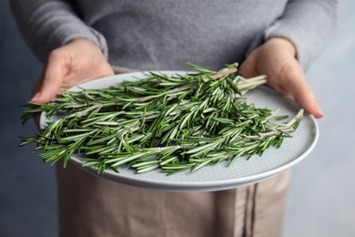 Photo of Woman holding plate with fresh rosemary twigs on light background, closeup