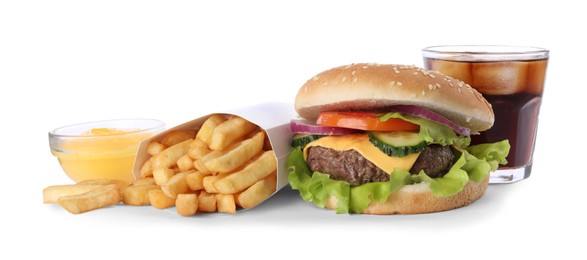 Delicious burger, soda drink and french fries on white background