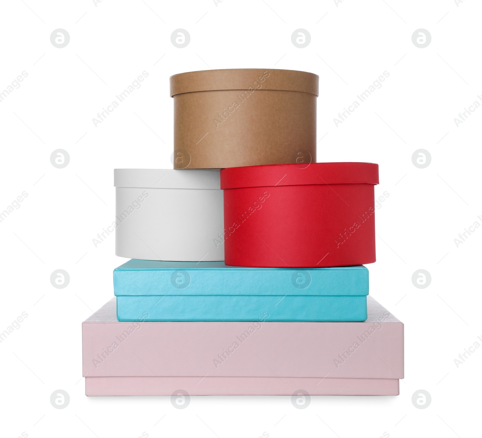 Photo of Stack of elegant gift boxes on white background