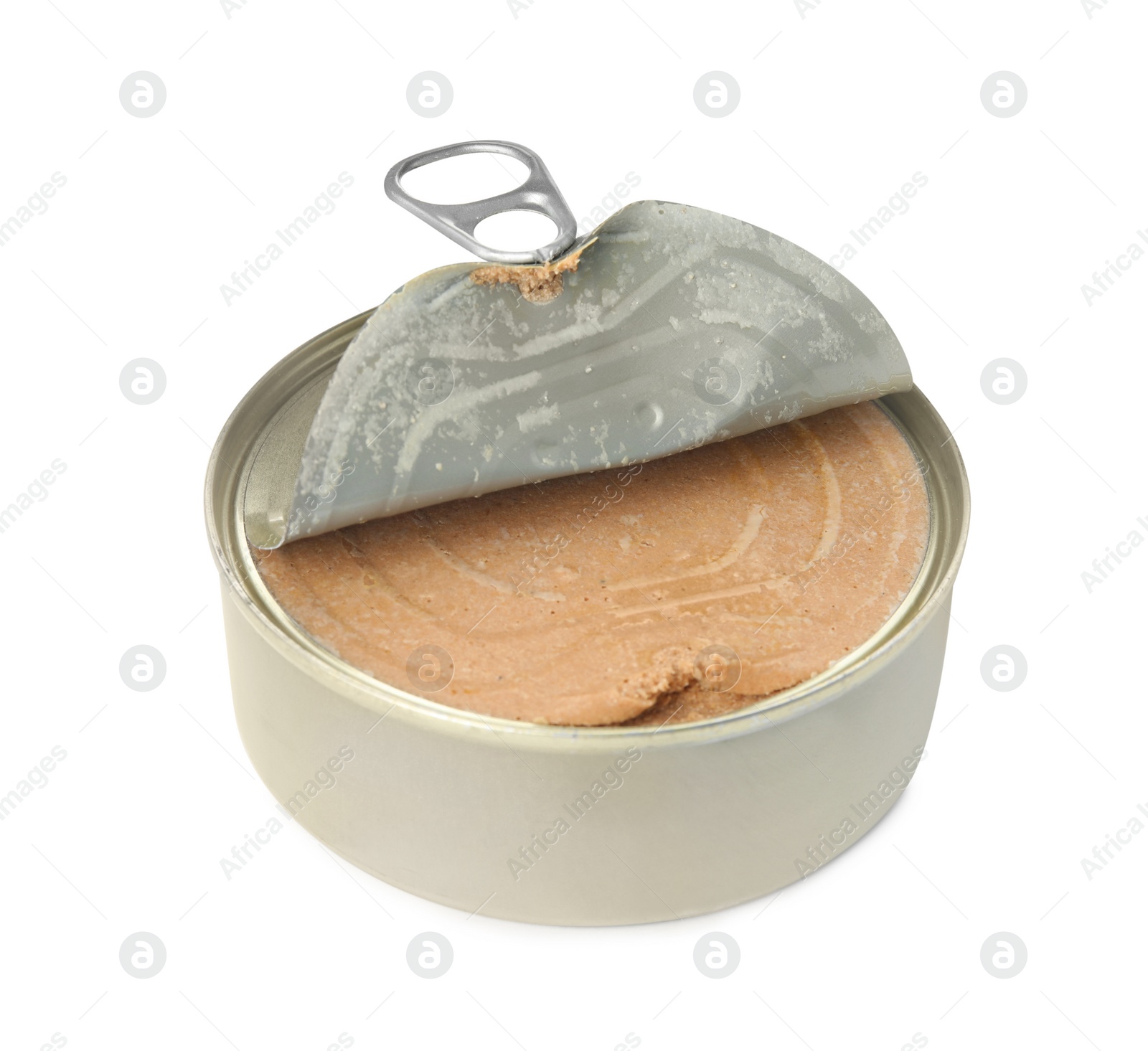 Photo of Open tin can with meat pate isolated on white