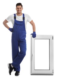 Photo of Worker with plastic window on white background. Installation service