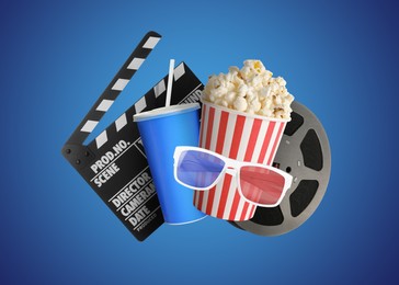 Image of Movie clapper, drink, pop corn, 3D glasses and film reel on blue background. Collage design