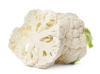 Cut and whole cauliflowers on white background