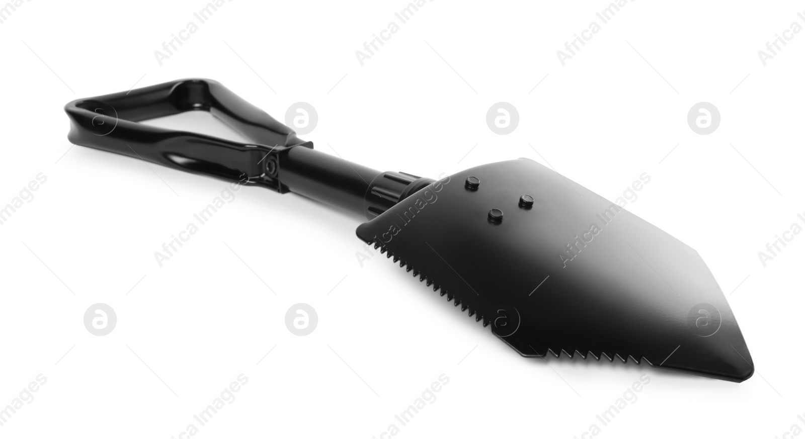 Photo of Foldable sapper shovel isolated on white. Military training equipment