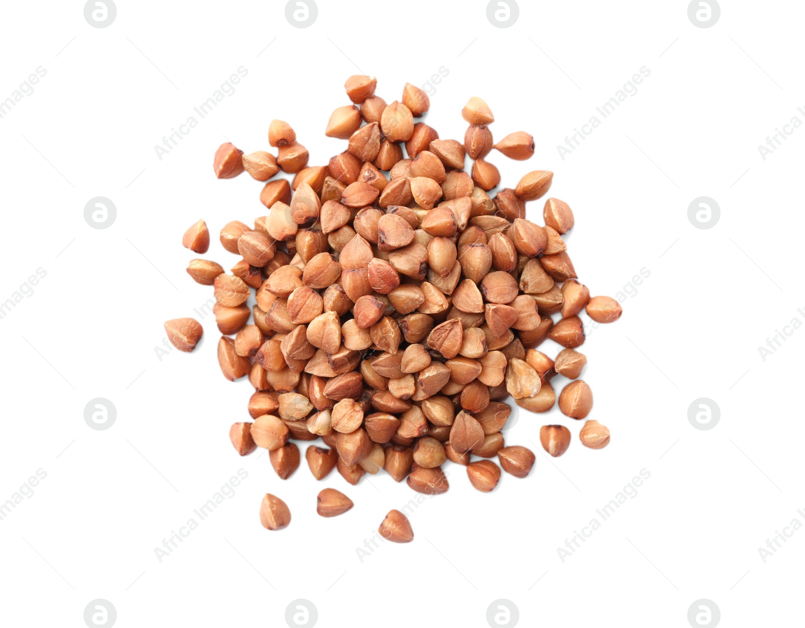 Photo of Pile of buckwheat grains isolated on white, top view. Organic cereal