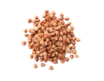 Photo of Pile of buckwheat grains isolated on white, top view. Organic cereal