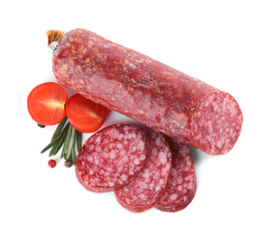 Photo of Tasty sausage on white background. Meat product