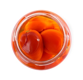 Photo of Open jar with pickled tomatoes on white background, top view