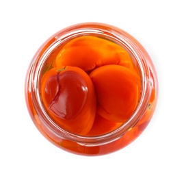 Open jar with pickled tomatoes on white background, top view