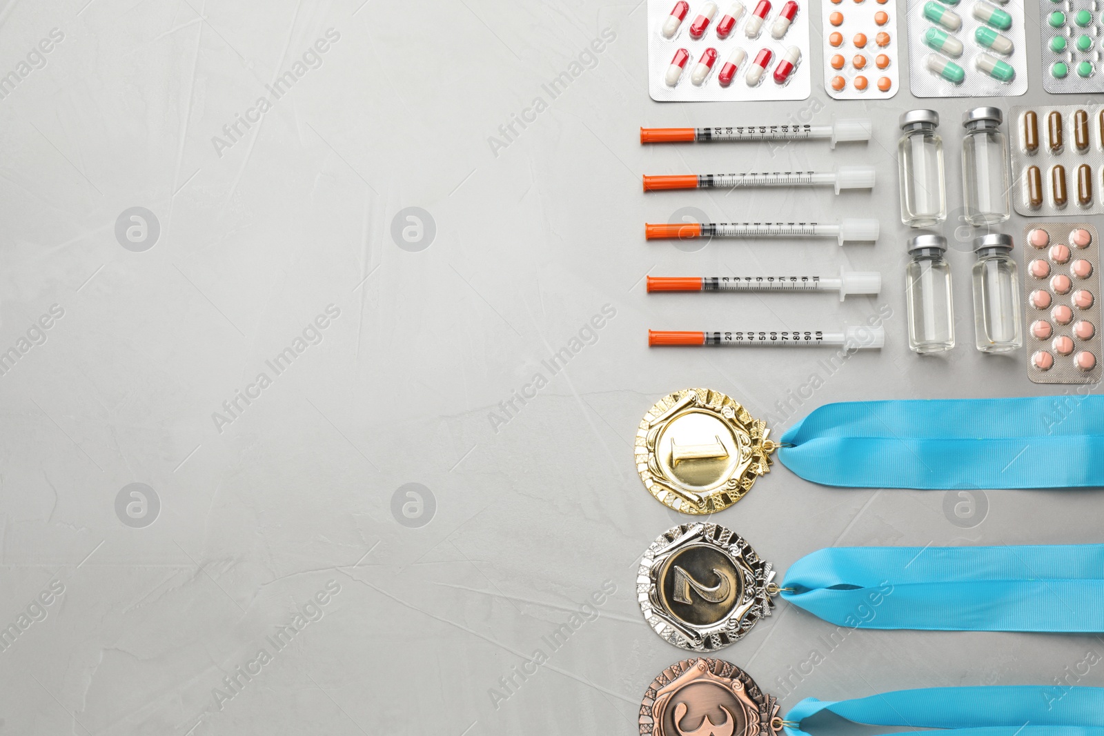 Photo of Flat lay composition with drugs on light grey background, space for text. Doping control