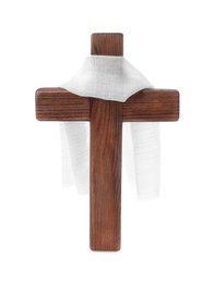 Photo of Wooden cross and cloth on white background. Easter attributes