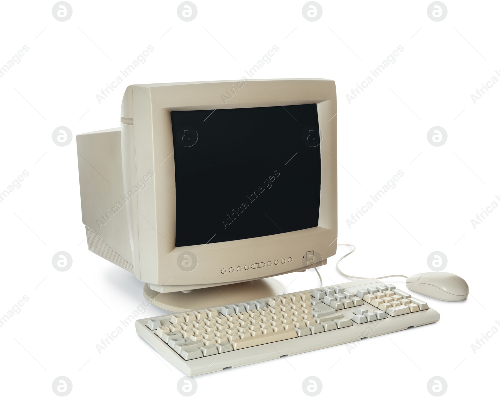 Photo of Old computer monitor, keyboard and mouse on white background