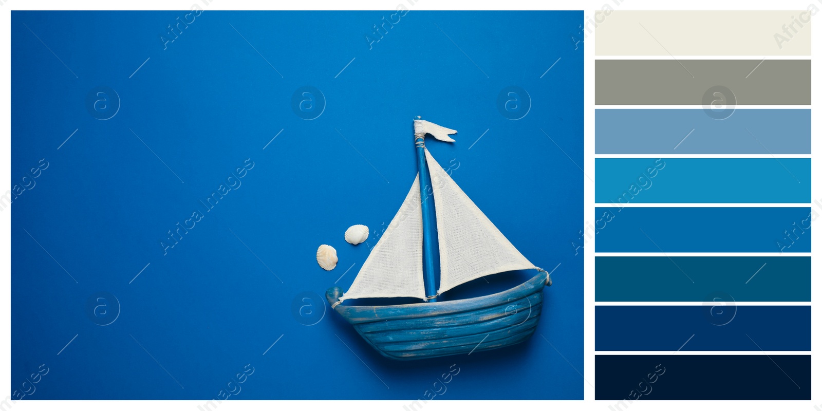 Image of Toy ship on bright background, top view with space for text. Color of the year 2020 (Classic blue)