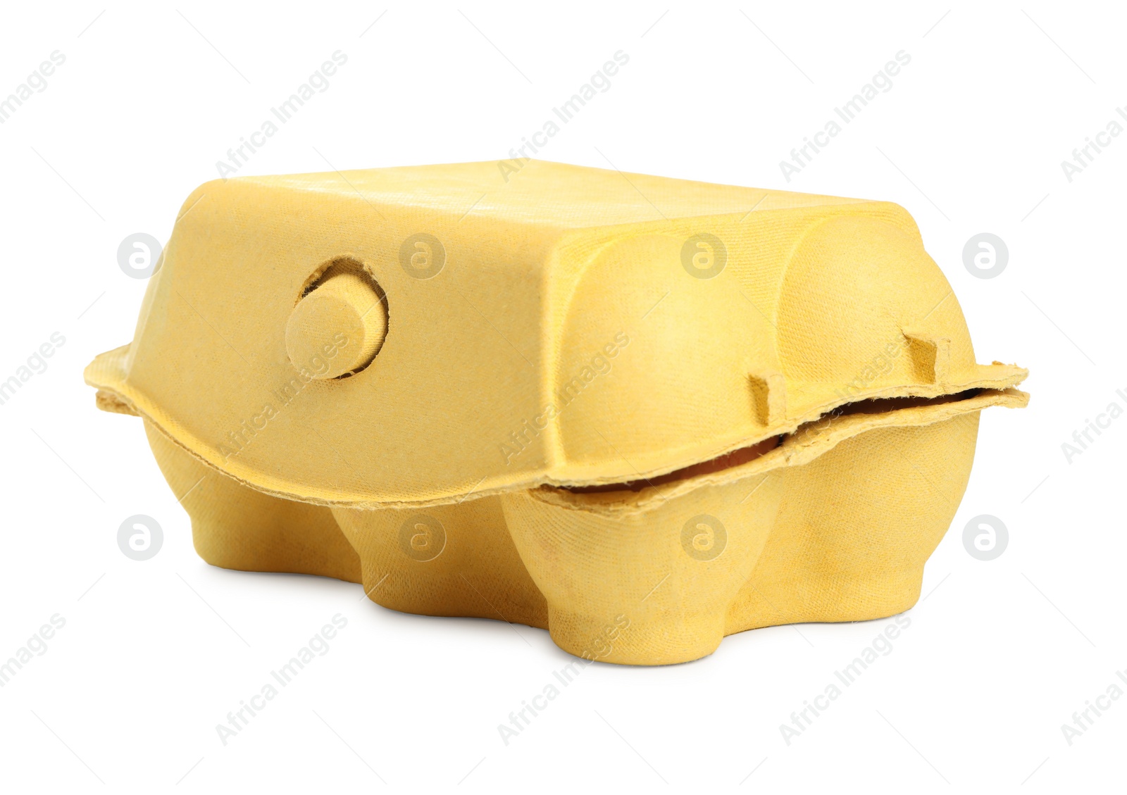 Photo of One yellow egg carton isolated on white