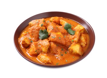 Photo of Bowl of delicious chicken curry on white background