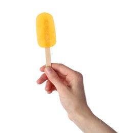 Photo of Woman holding tasty orange ice pop isolated on white, closeup. Fruit popsicle