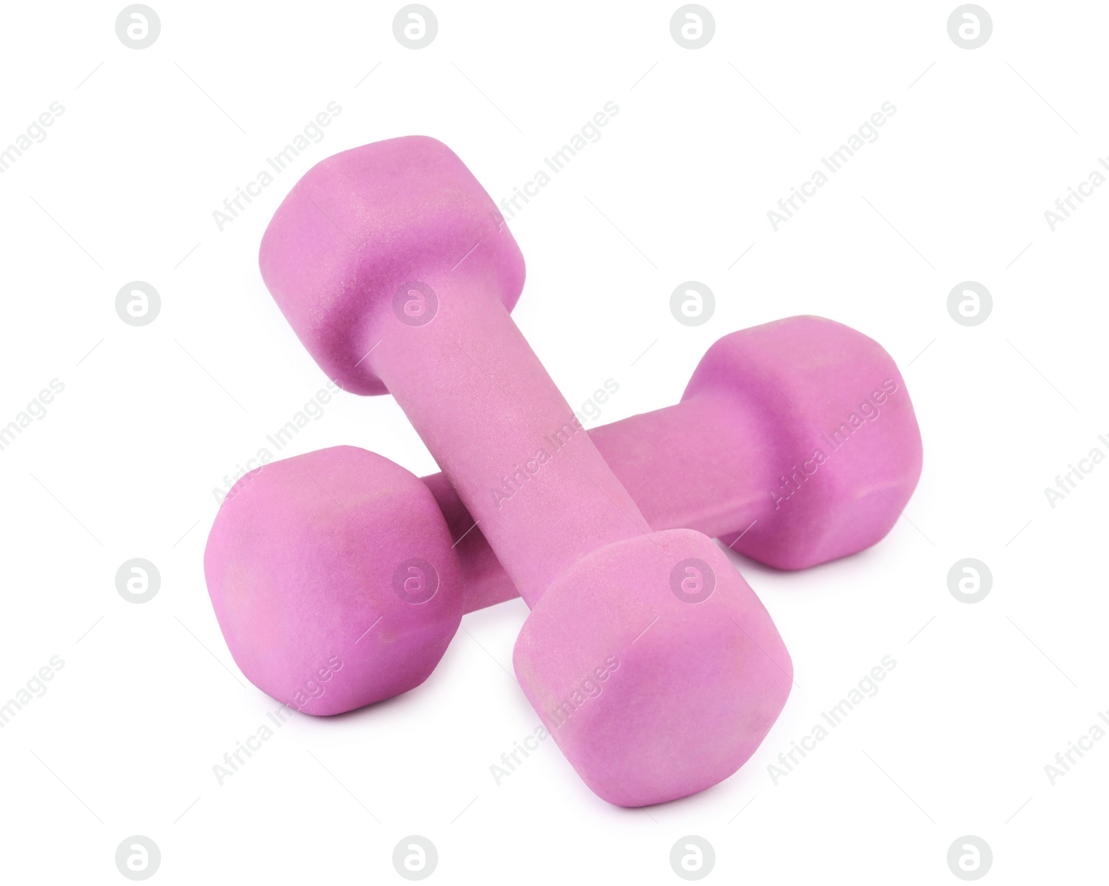 Photo of Pink dumbbells isolated on white. Sports equipment