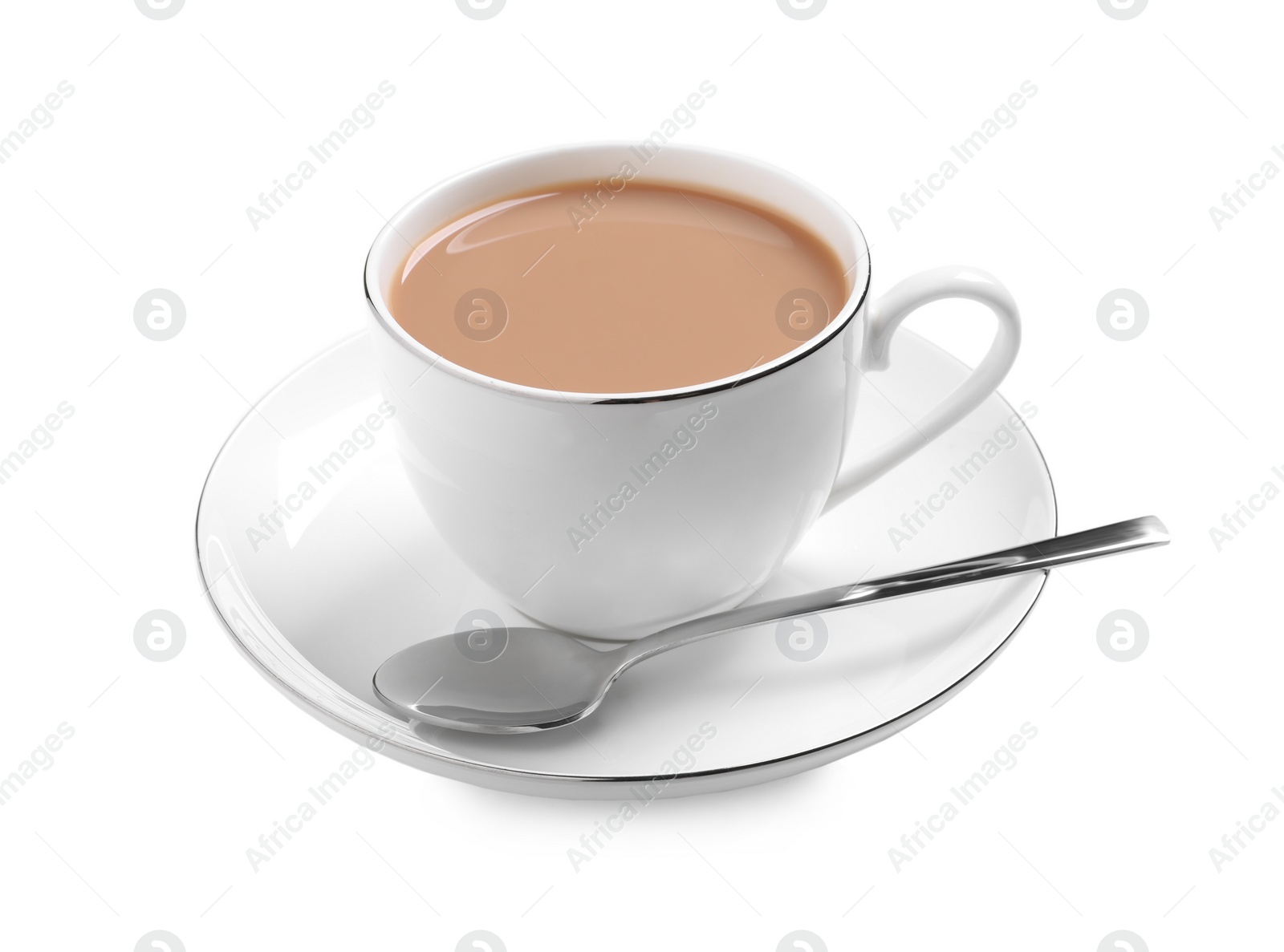 Photo of Delicious tea with milk on white background