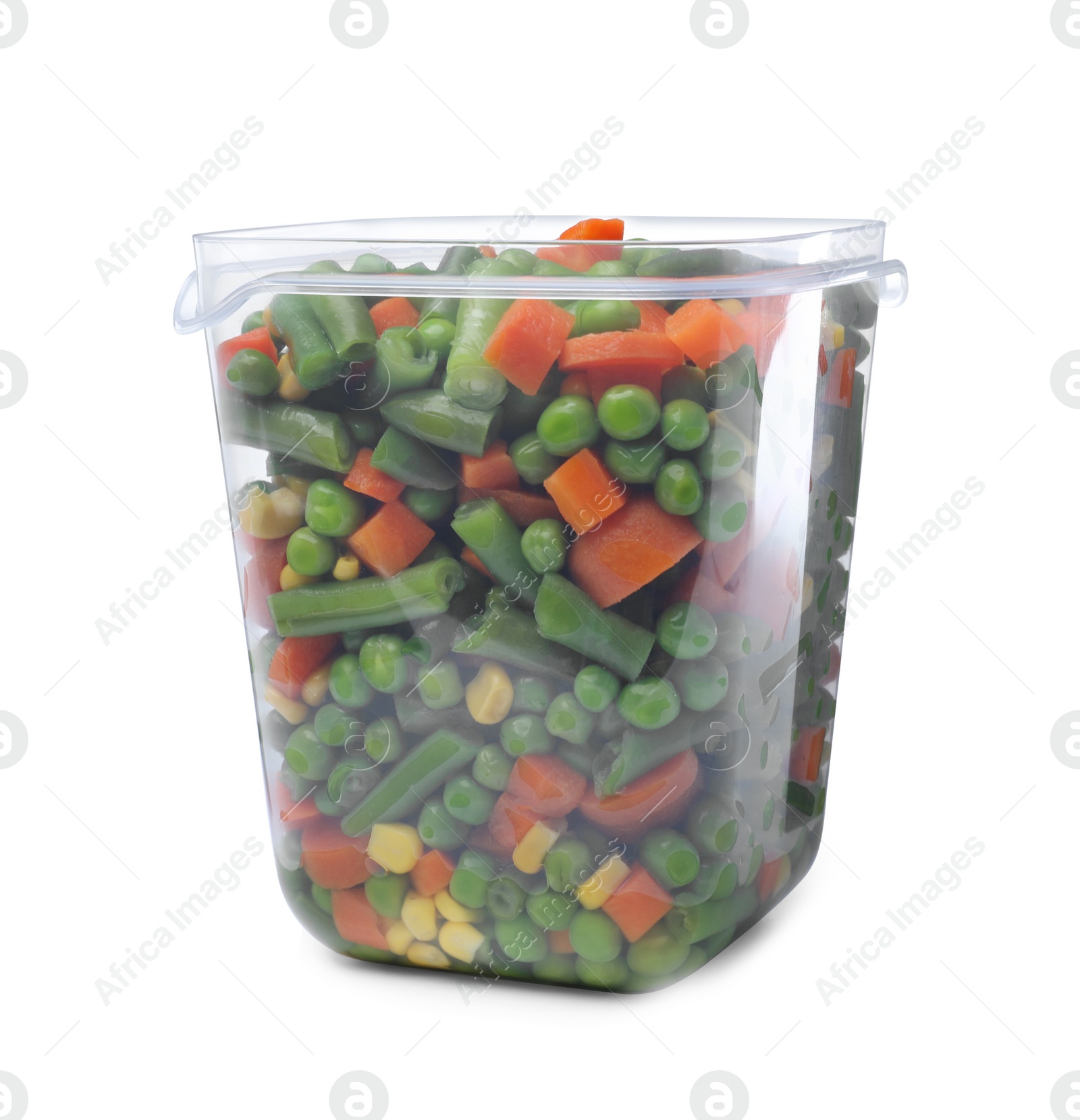 Photo of Mix of fresh vegetables in plastic container isolated on white