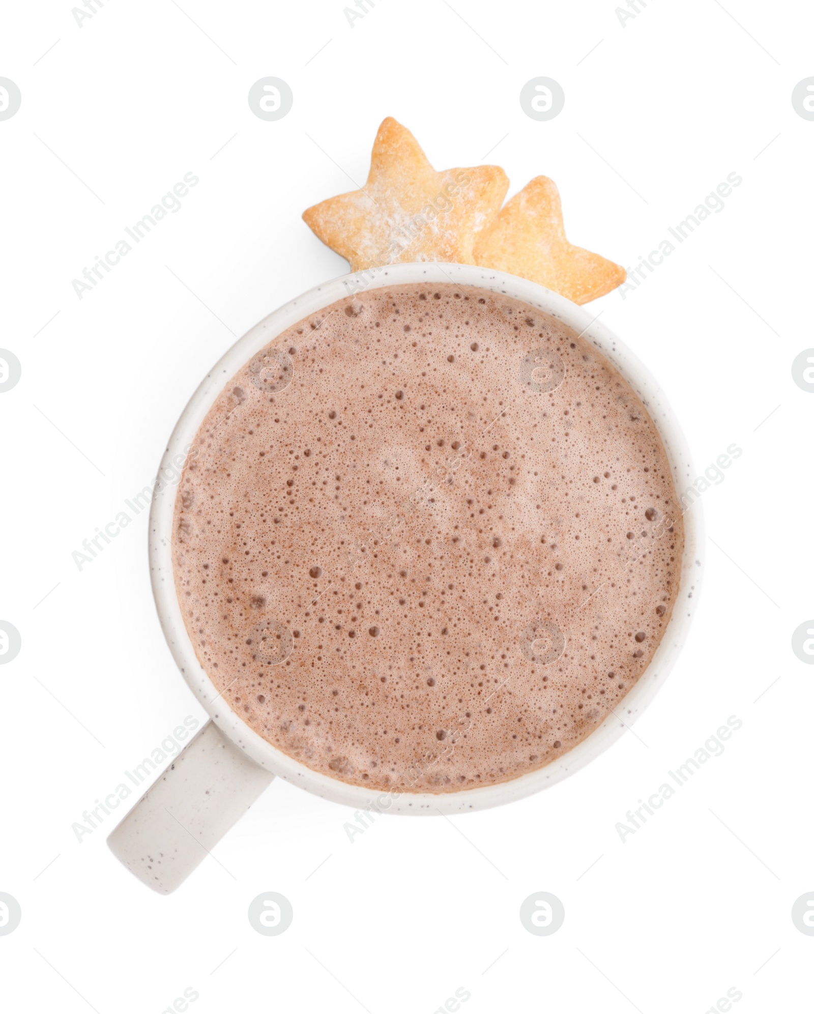 Photo of Delicious cocoa drink in cup and cookies on white background