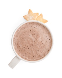 Photo of Delicious cocoa drink in cup and cookies on white background