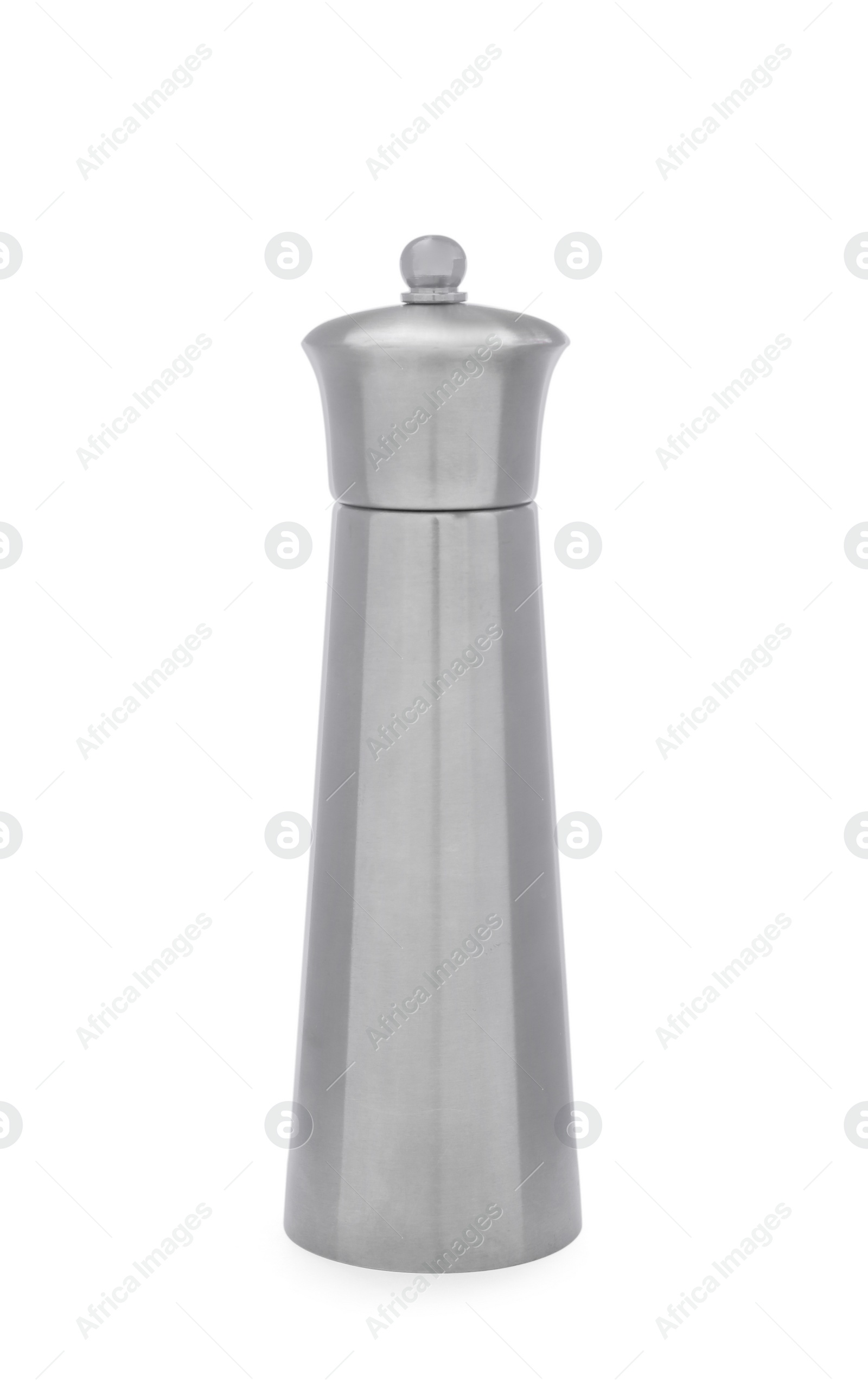 Photo of Silver pepper shaker isolated on white. Kitchen utensil