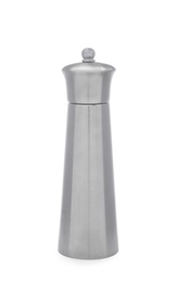 Photo of Silver pepper shaker isolated on white. Kitchen utensil