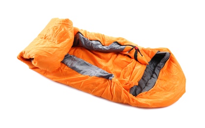 Photo of Sleeping bag on white background. Camping equipment