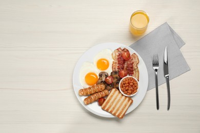 Photo of Plate of fried eggs, sausages, mushrooms, beans, bacon and toast on white wooden table, flat lay with space for text. Traditional English breakfast