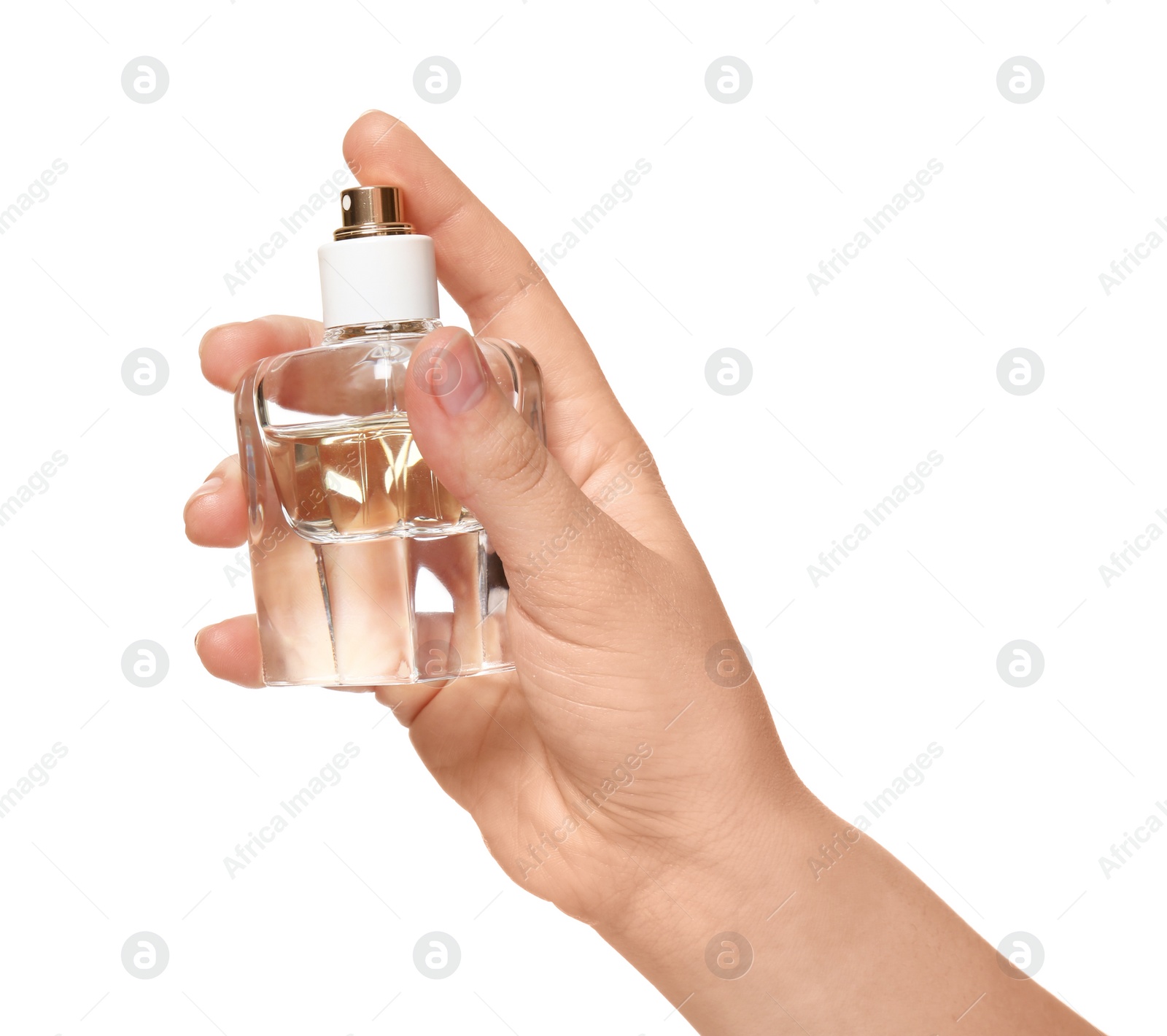 Image of Woman with bottle of perfume on white background, closeup